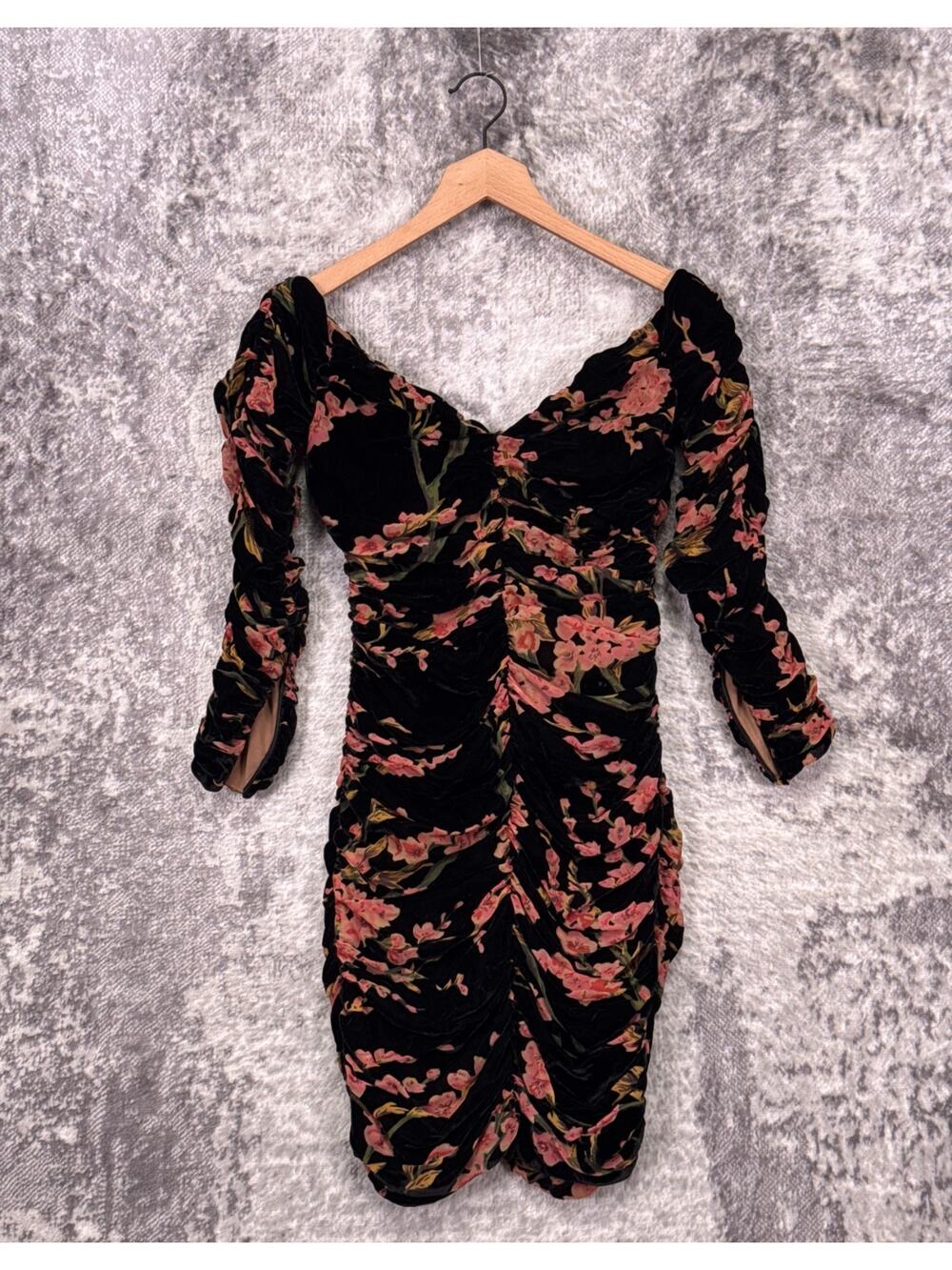 House Of CB Dress Small Womens Black Floral Velvet Ruched Mini Cocktail